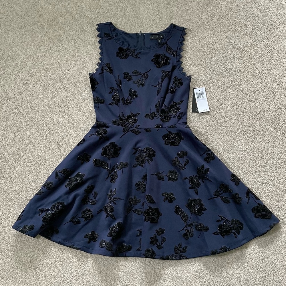 Navy And Black Floral Sparkle Dress, Size 1